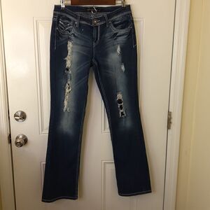 Twenty-one black five pocket distressed curvy slim bootcut jeans